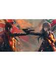 Anime girl desk pad 40x20 inches with cinematic standoff art, two girls in military coats and pistol.