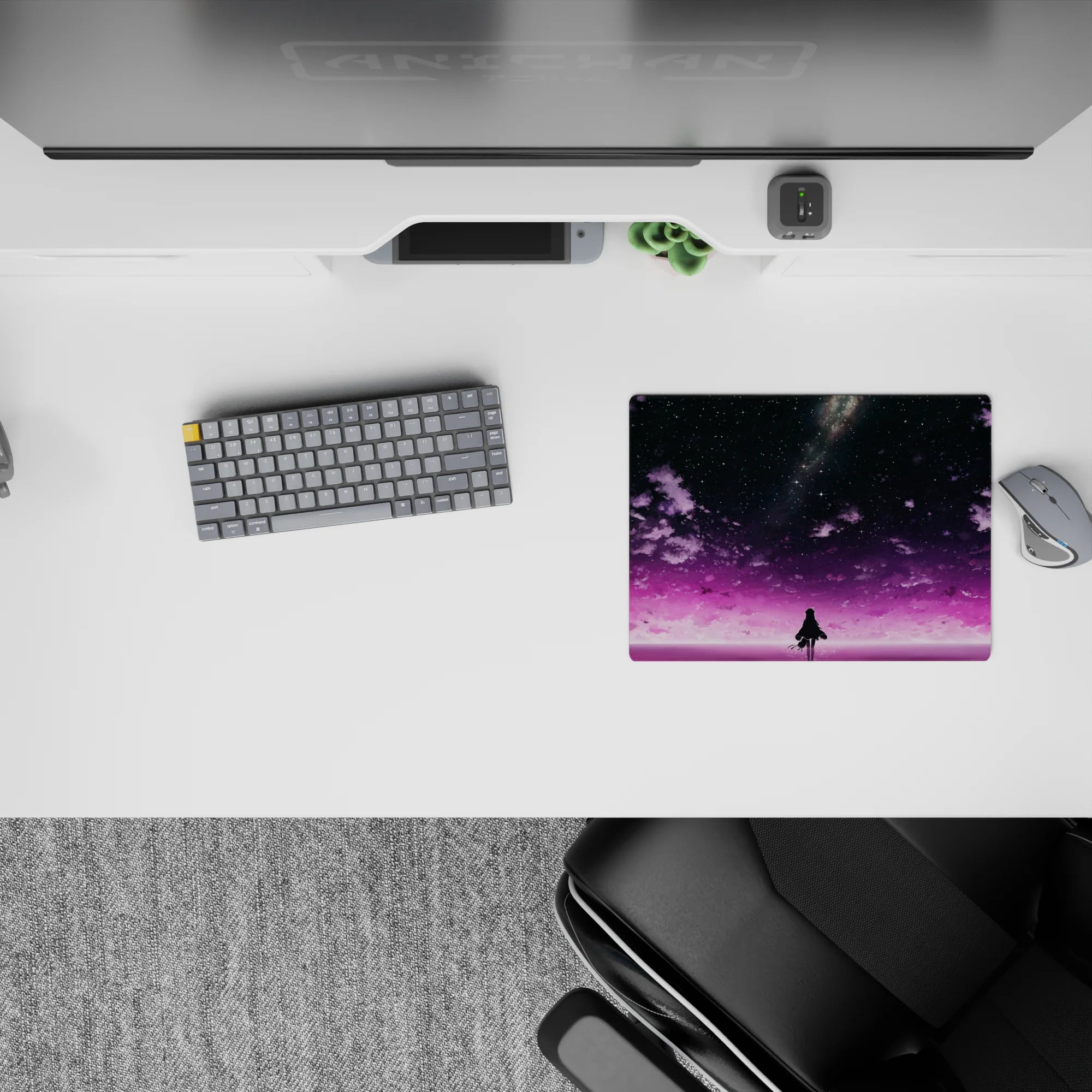 Dreamy violet clouds and soft pink horizon glow on a 14x10 inches anime girl mouse pad for gaming.