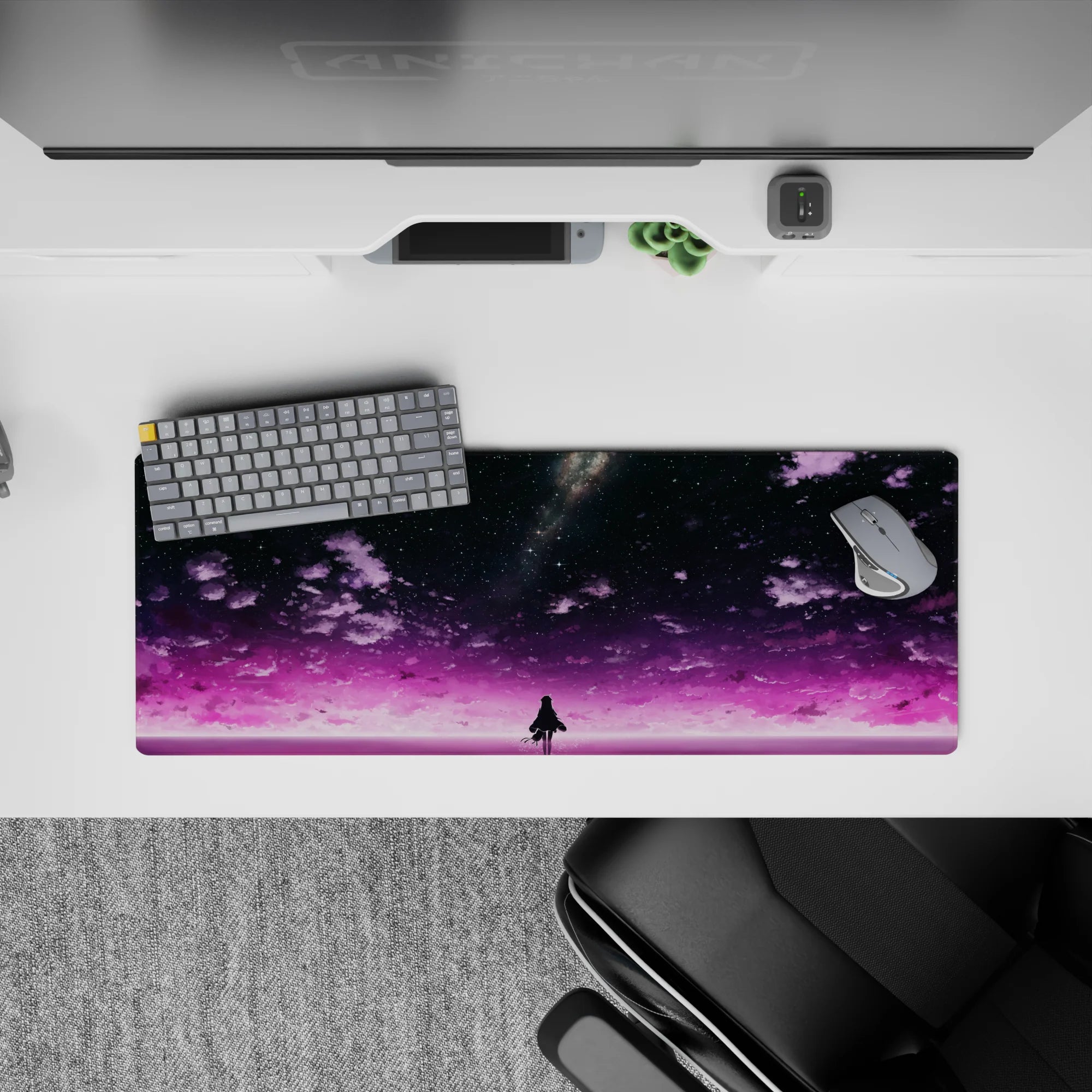 32x12 inches anime mouse pad in dreamy violet and soft pink, starry night aesthetic for calm late-night gaming.