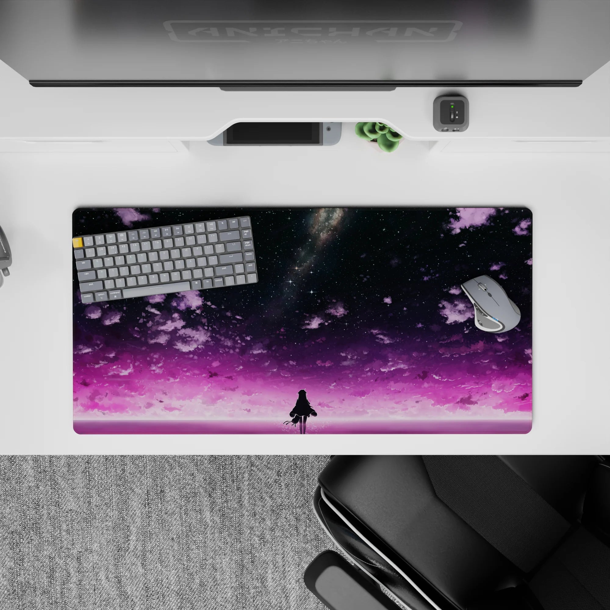 32x16 inches anime mouse pad in dreamy violet and soft pink glow, starry confetti night for calm gaming.