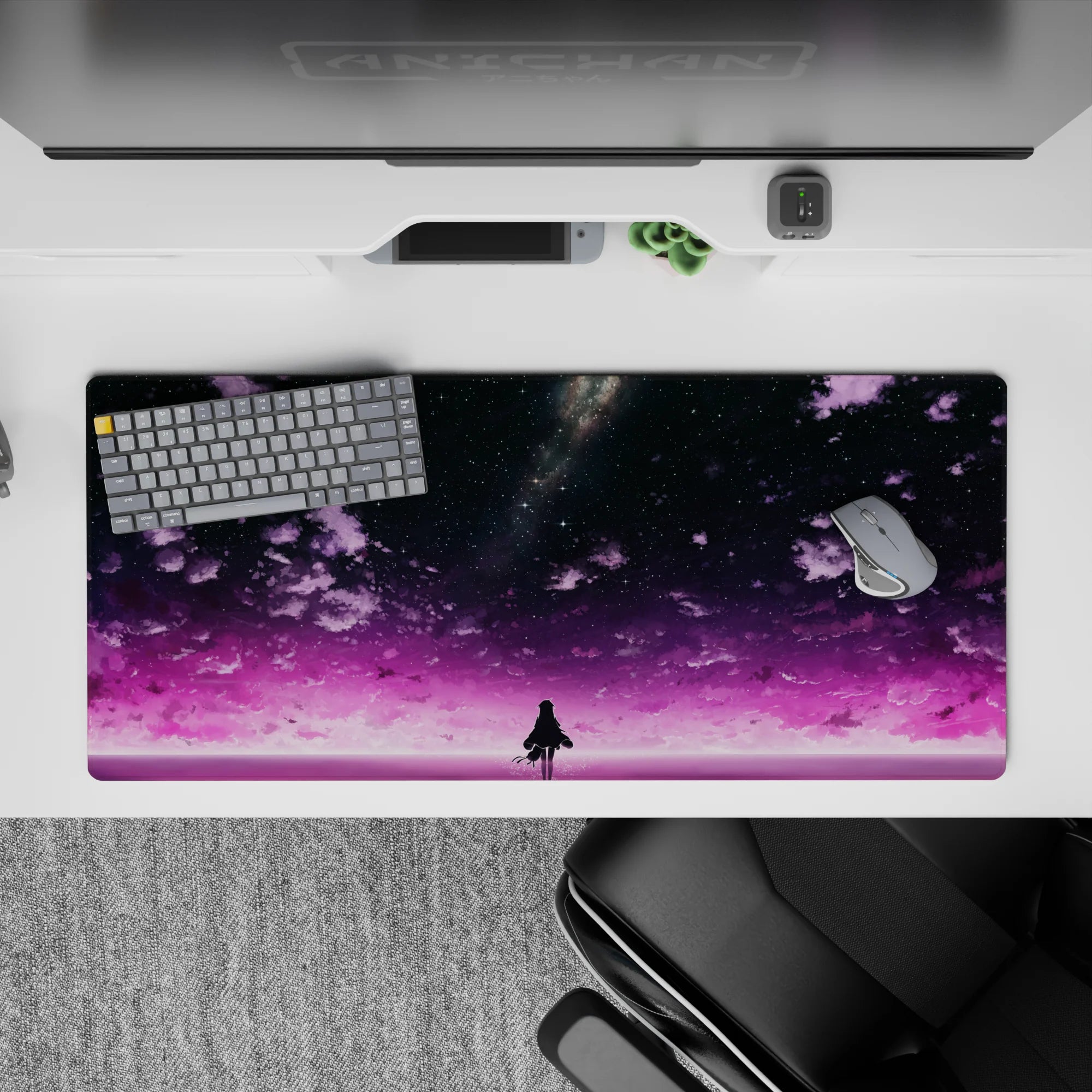 36x16 inches extended mouse pad in dreamy violet and pink glow, calm star confetti night mood.