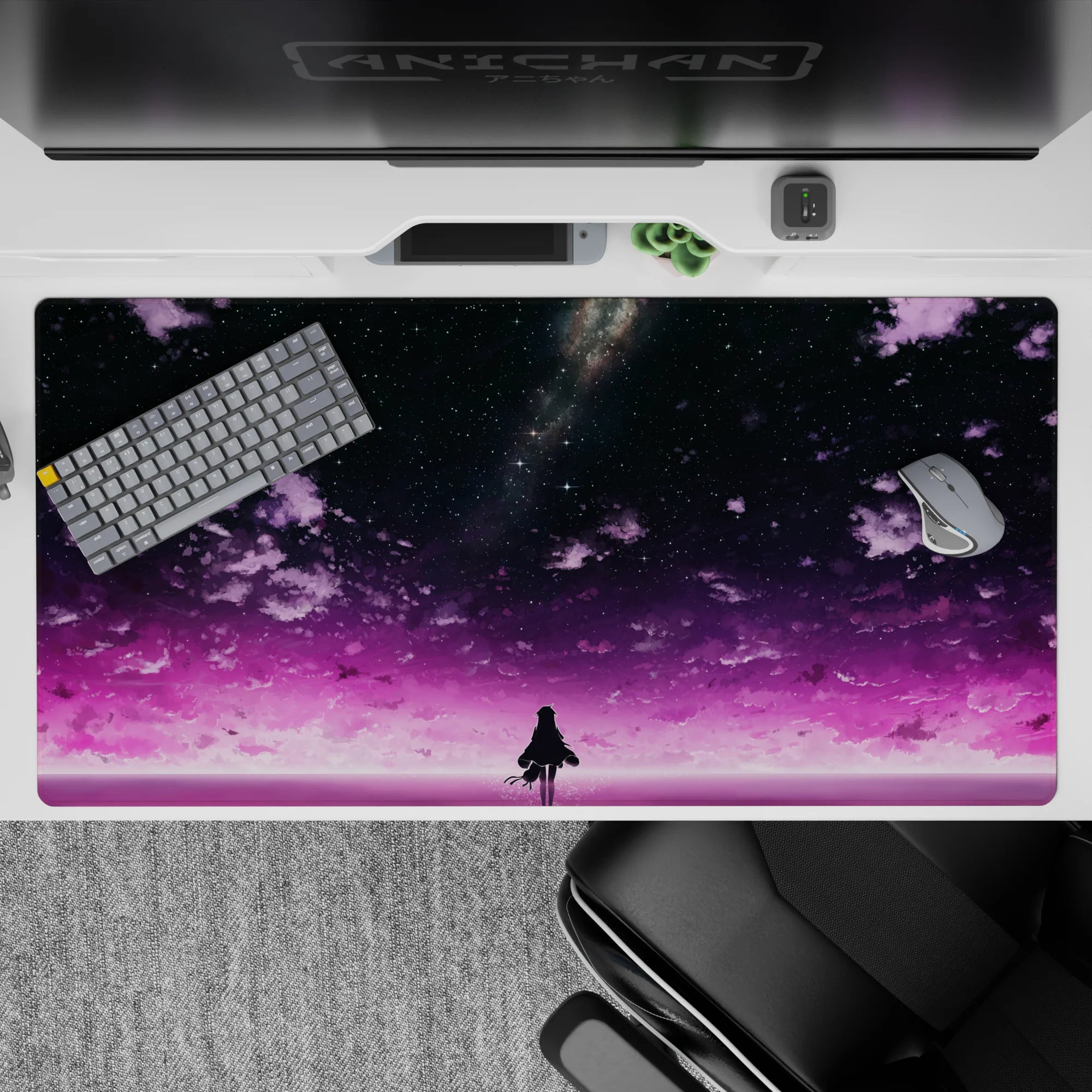 40x20 inches anime desk pad in violet clouds and soft pink glow, dreamy starry night mood.