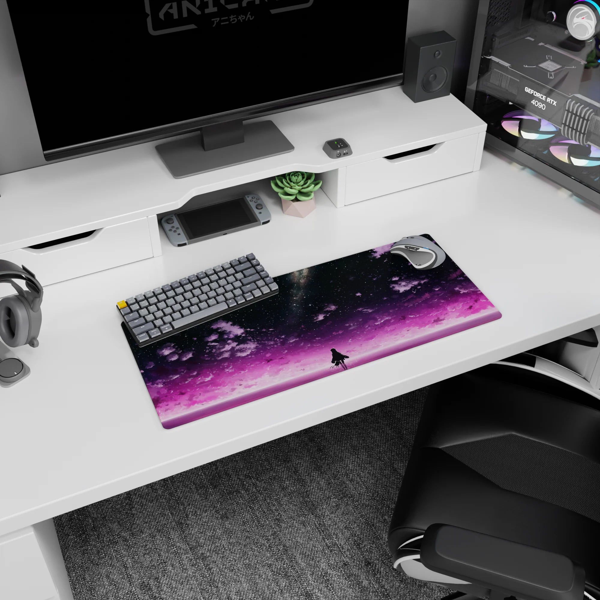 28x12 inches anime girl mouse pad featuring a tiny lone figure beneath a starry galaxy horizon.