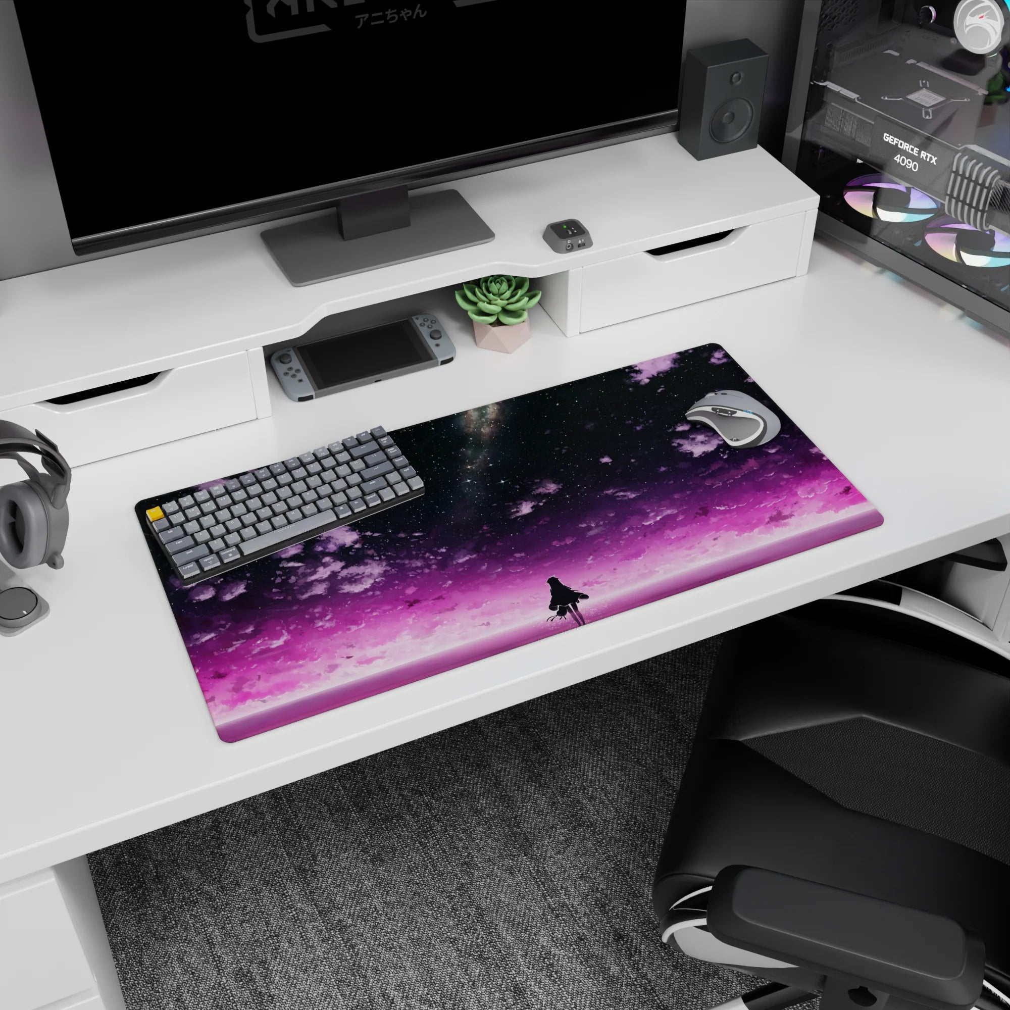 32x16 inches mouse pad showing a lone tiny anime girl silhouette gazing at stars over a quiet horizon.