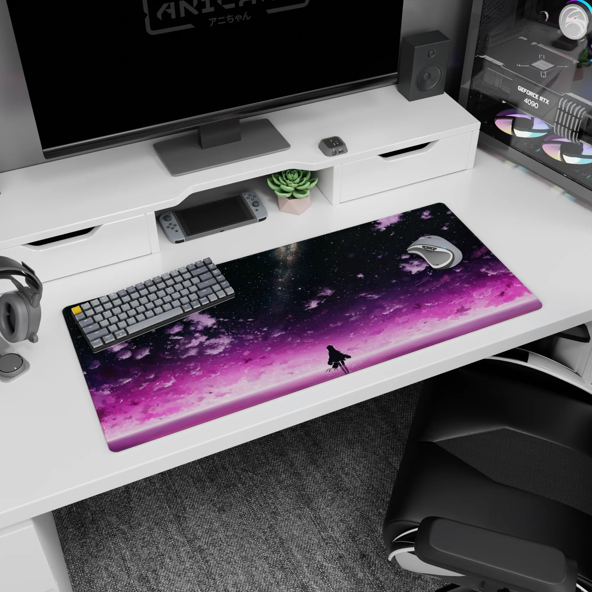 36x16 inches anime desk mat showing a tiny girl silhouette standing under a galaxy-splashed sky.