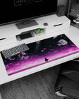 36x16 inches anime desk mat showing a tiny girl silhouette standing under a galaxy-splashed sky.