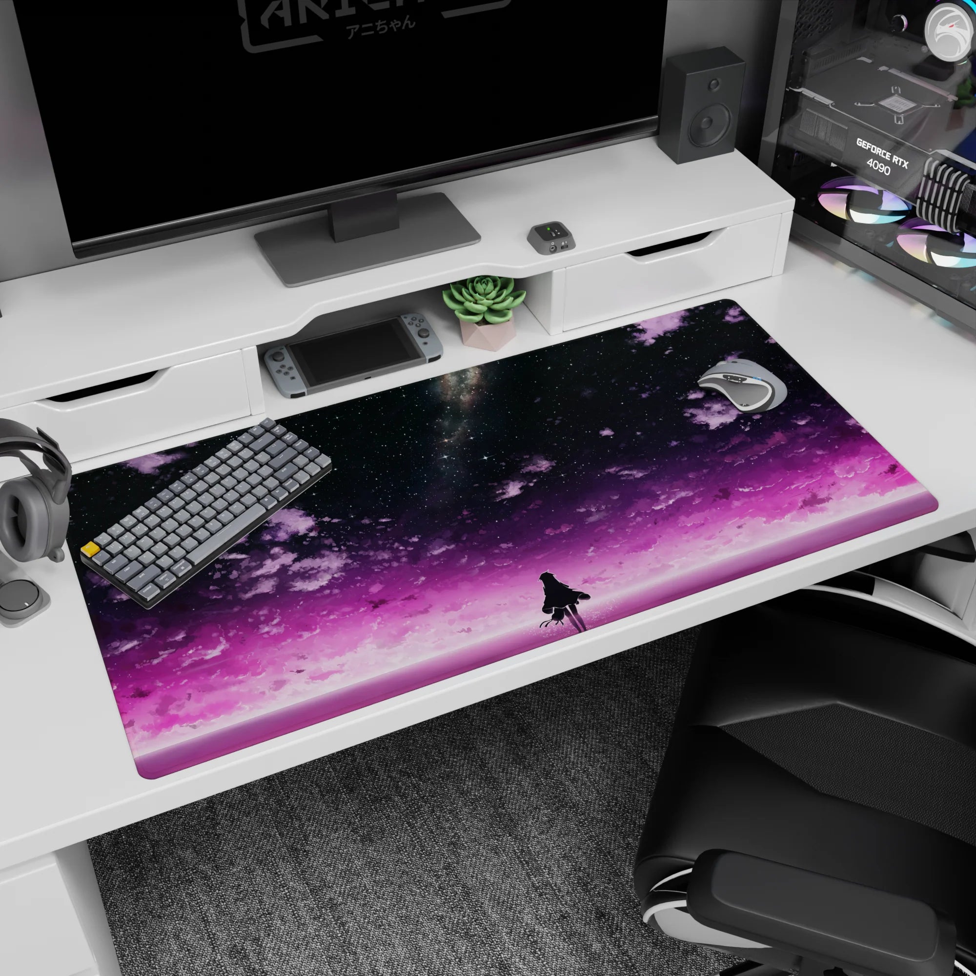 40x20 inches desk pad showing a lone anime girl silhouette facing a glittering galaxy horizon.