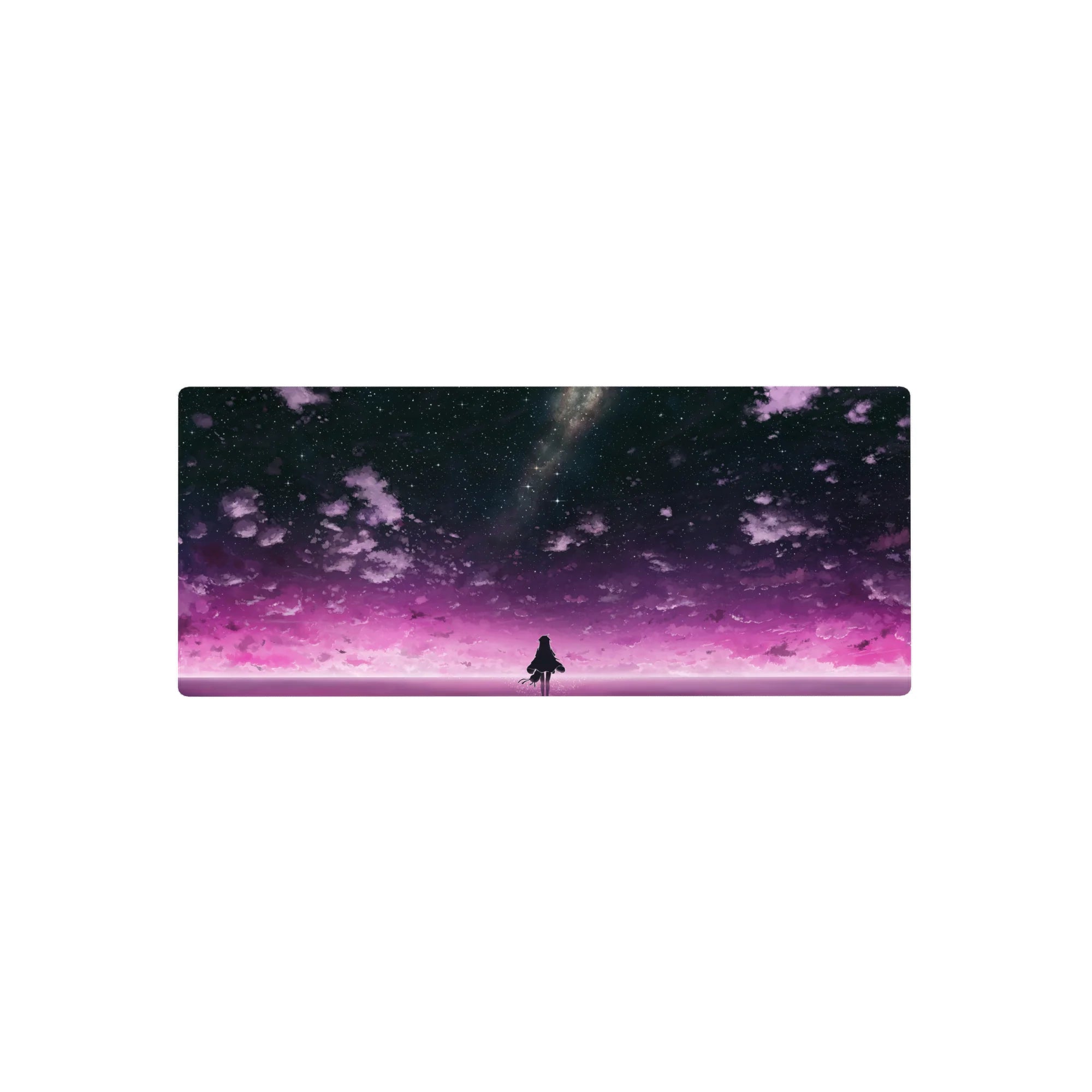 Anime girl mouse pad 28x12 inches with silhouetted girl under a galaxy sky and violet clouds.