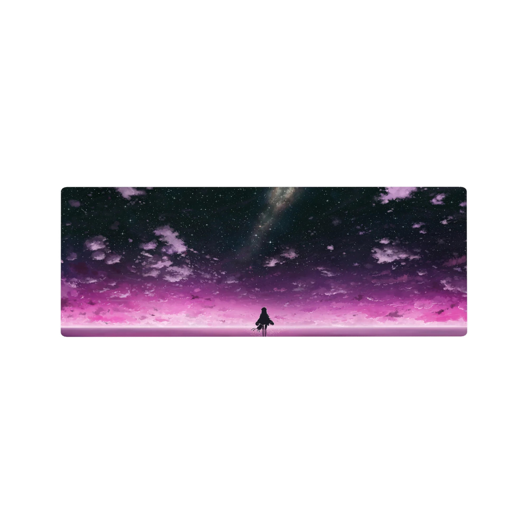 32x12 inches anime girl mouse pad with silhouetted girl under a galaxy sky, violet clouds and pink horizon glow.