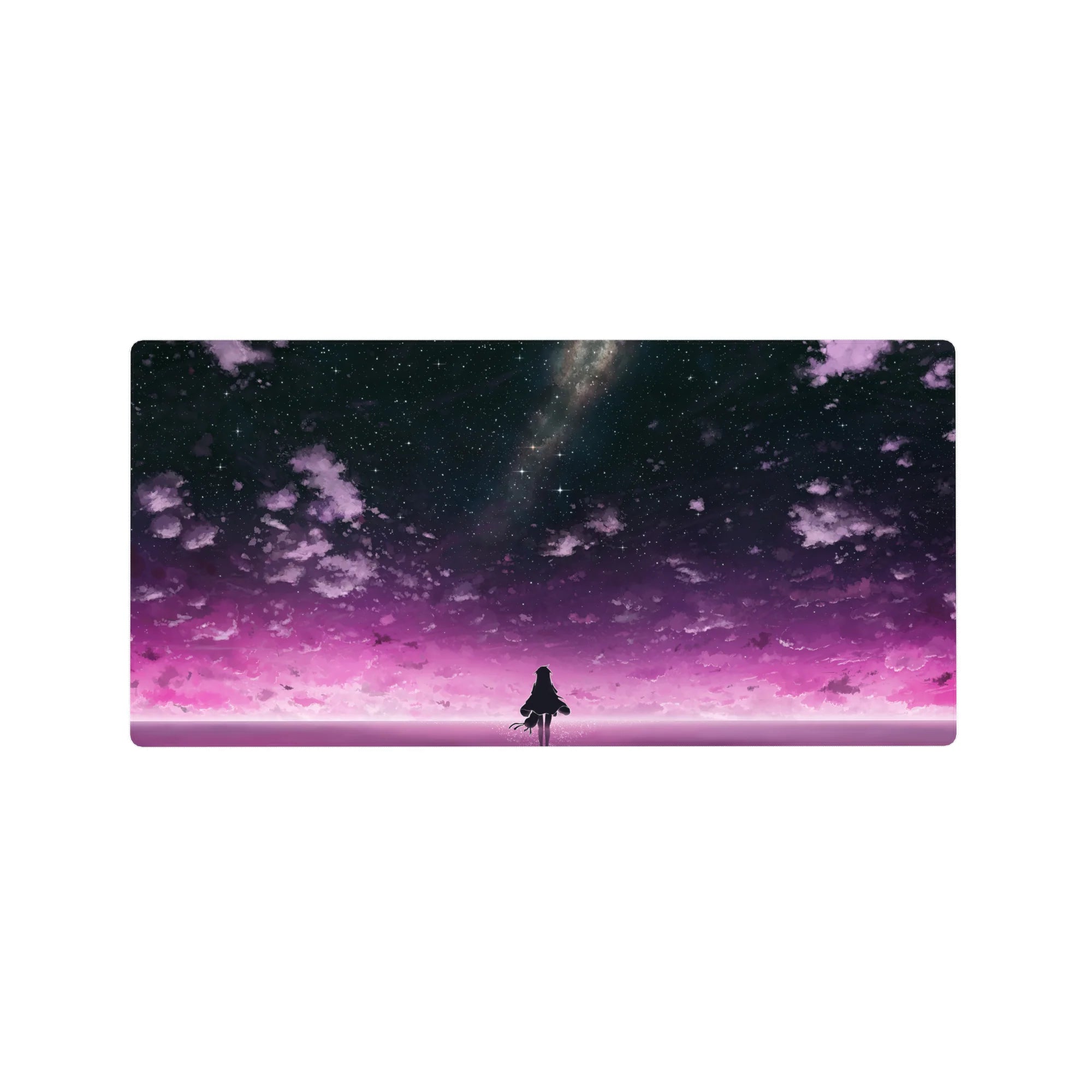 32x16 inches anime girl mouse pad with silhouetted girl under a galaxy sky, violet clouds and pink horizon.