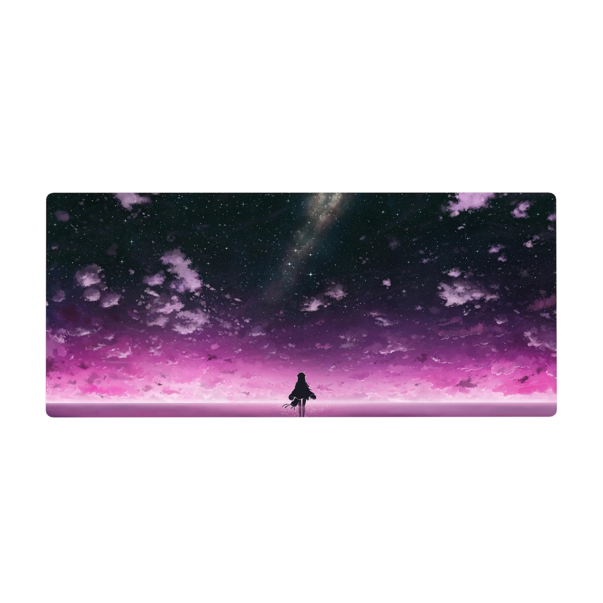 36x16 inches anime girl desk pad with galaxy sky, violet clouds, and starry horizon silhouette.