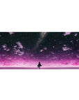 36x16 inches anime girl desk pad with galaxy sky, violet clouds, and starry horizon silhouette.