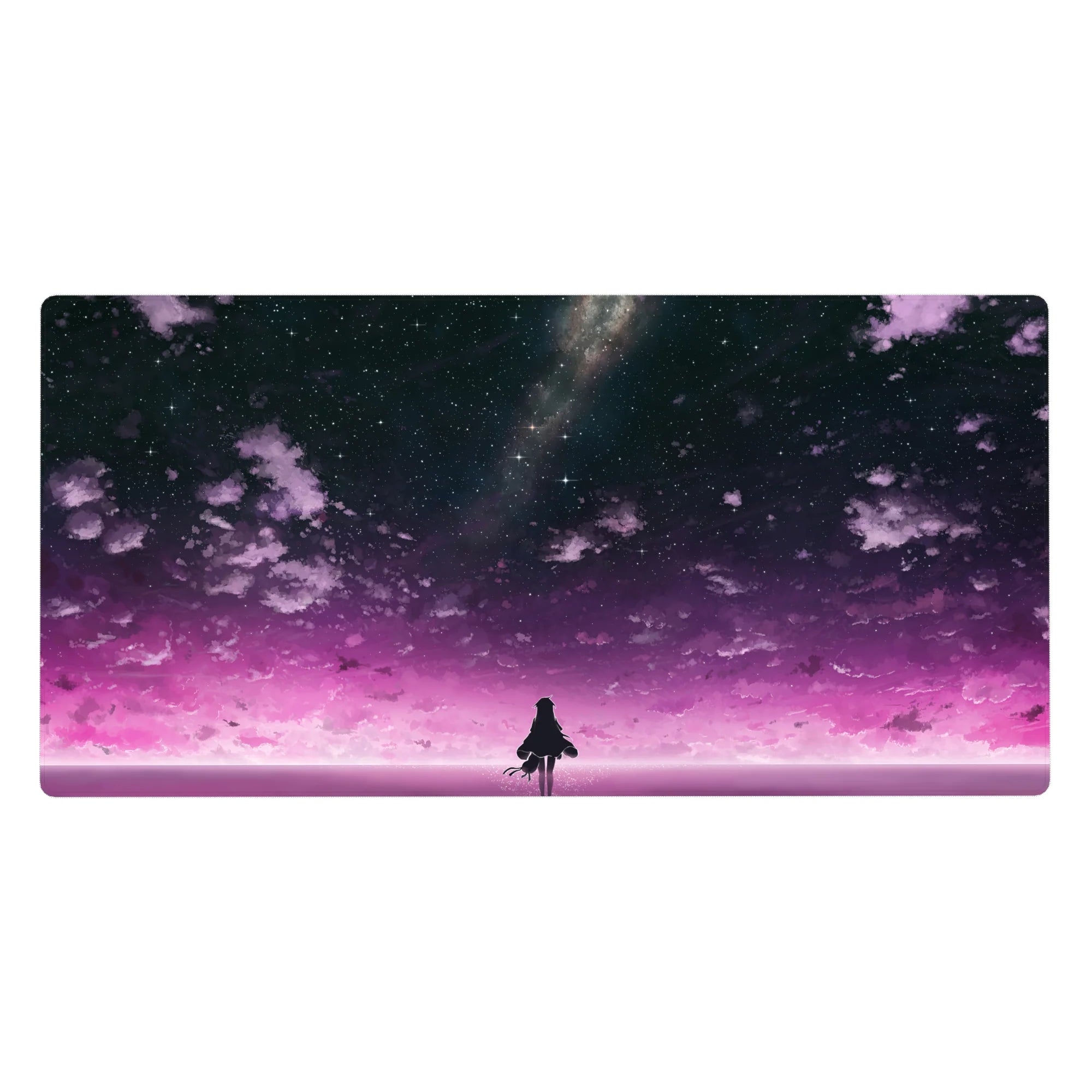 40x20 inches anime girl desk pad with silhouetted girl under a galaxy sky, stars and violet clouds.