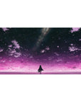 40x20 inches anime girl desk pad with silhouetted girl under a galaxy sky, stars and violet clouds.