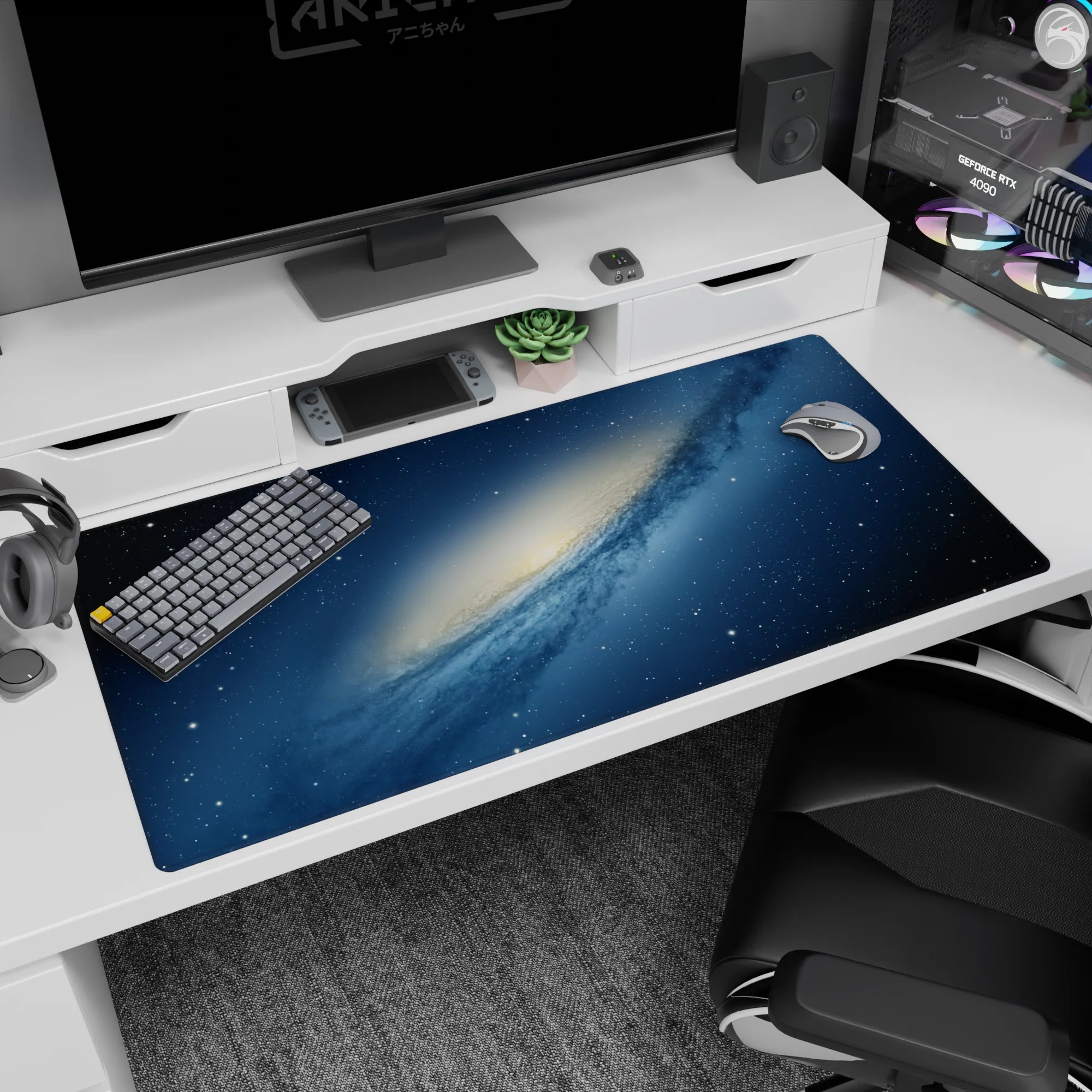 Space window scene desk pad 40x20 inches showing a dreamy nebula arc and confetti-like stars.