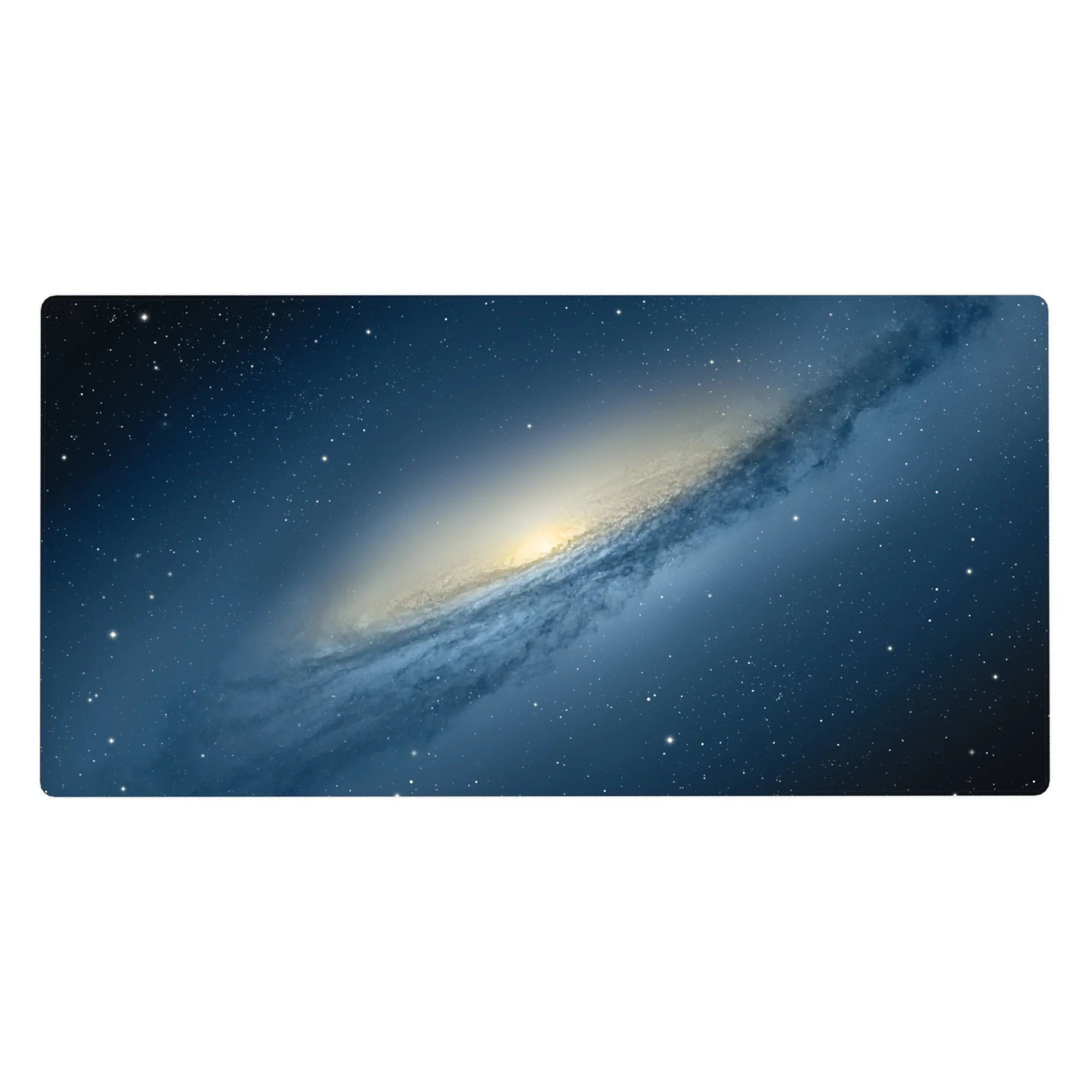 Galaxy swirl desk pad 40x20 inches with tiny star speckles and a tilted nebula arc.