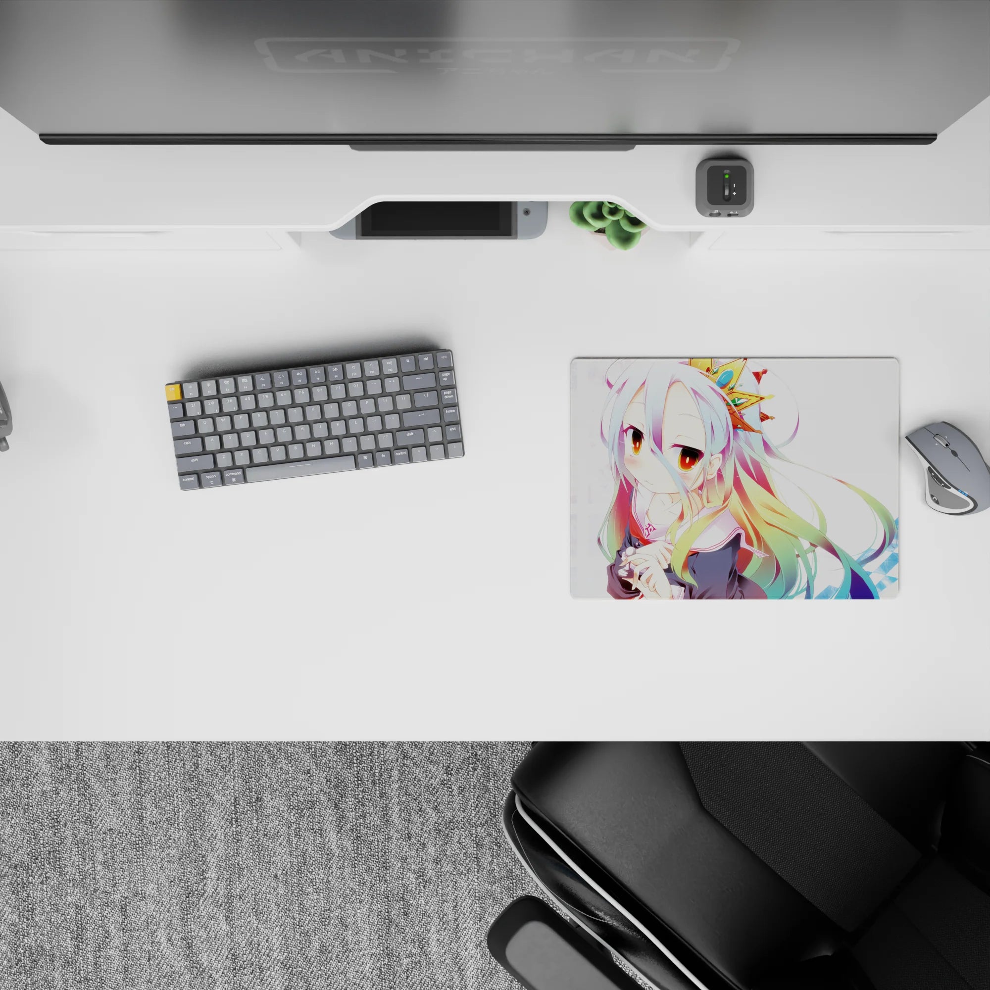 14x10 inches classic anime girl mouse pad in soft pastels, rainbow-tipped hair, warm amber eyes, dreamy vibe.