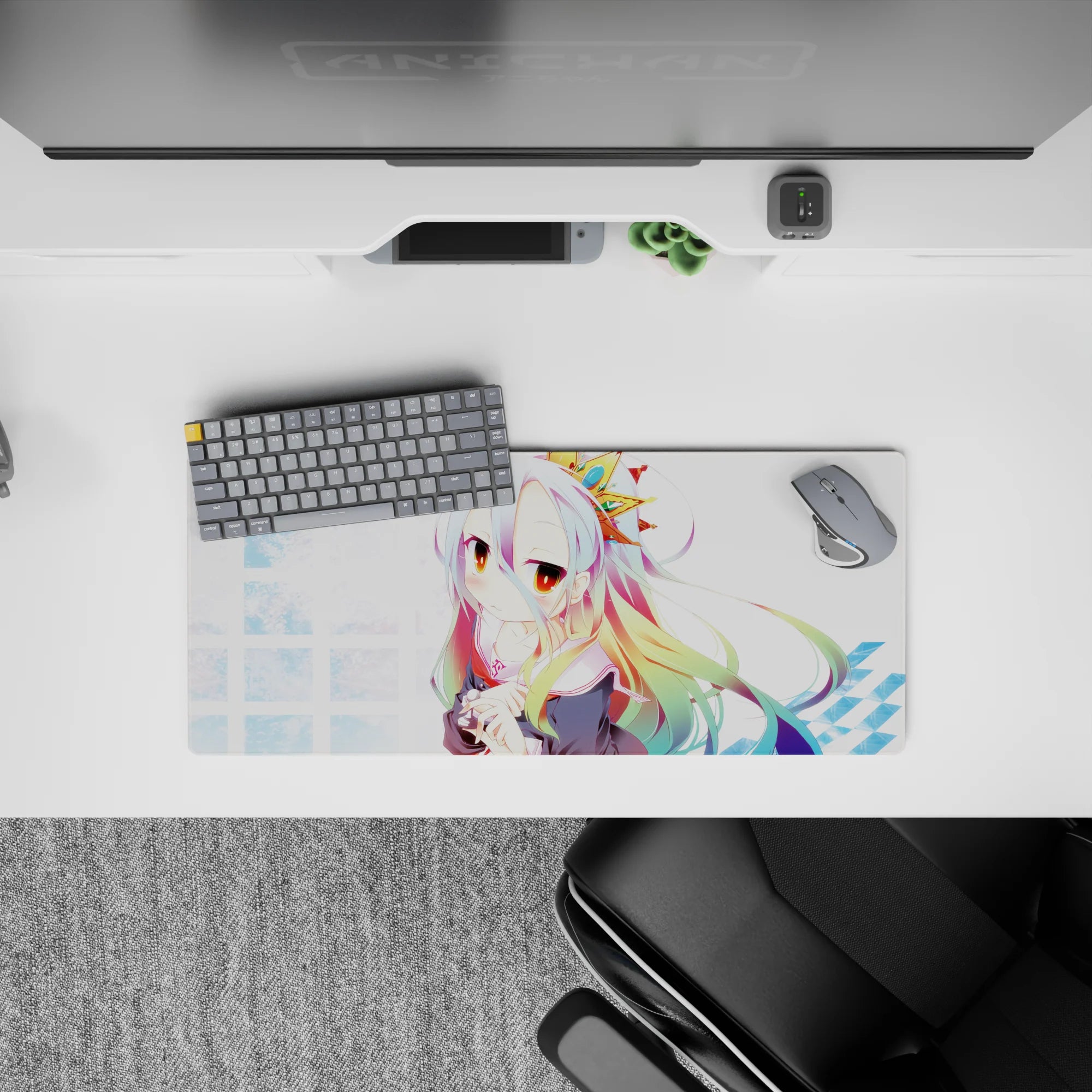 28x12 inches pastel kawaii anime mouse pad in icy blue grid, warm amber eyes, soft dreamy vibe.