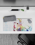 28x12 inches pastel kawaii anime mouse pad in icy blue grid, warm amber eyes, soft dreamy vibe.