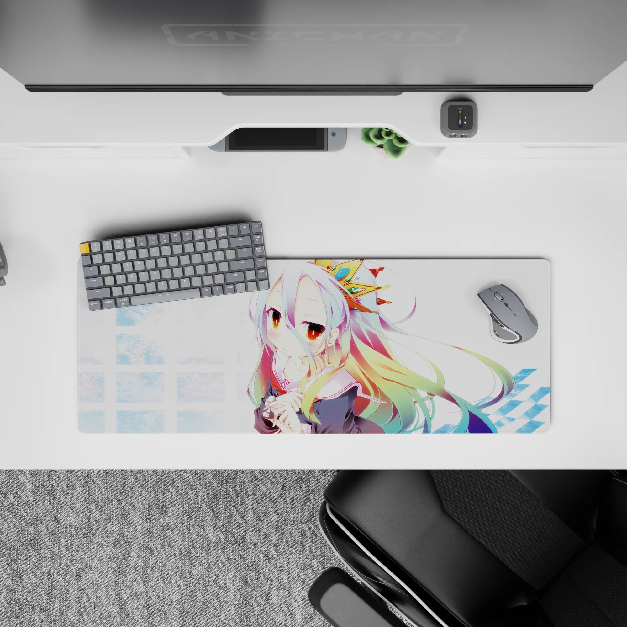 32x12 inches pastel kawaii mouse pad in icy blues, warm amber eyes, dreamy soft anime vibe.
