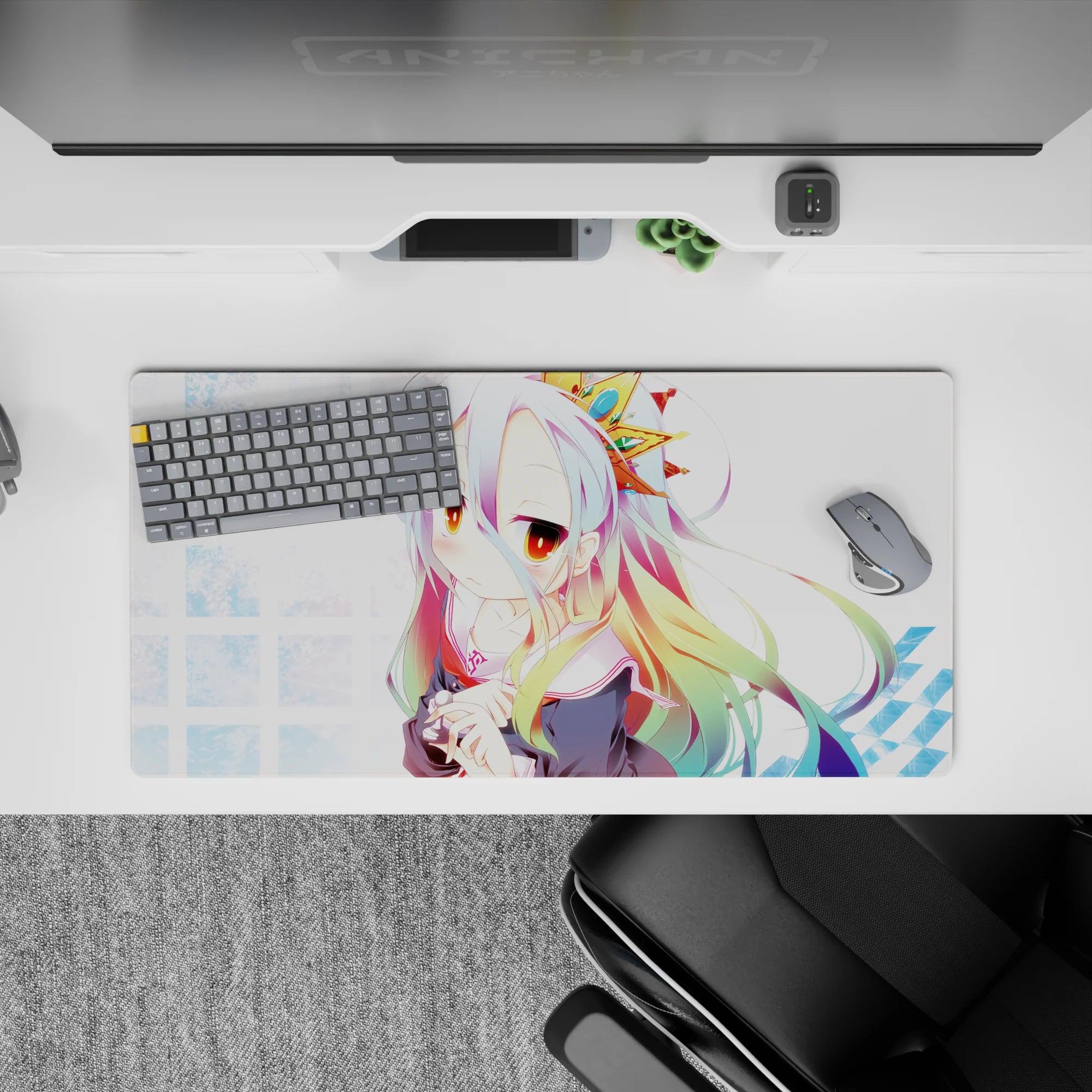 32x16 inches pastel kawaii mouse pad in soft blues, candy rainbow accents, warm amber eyes, dreamy vibe.
