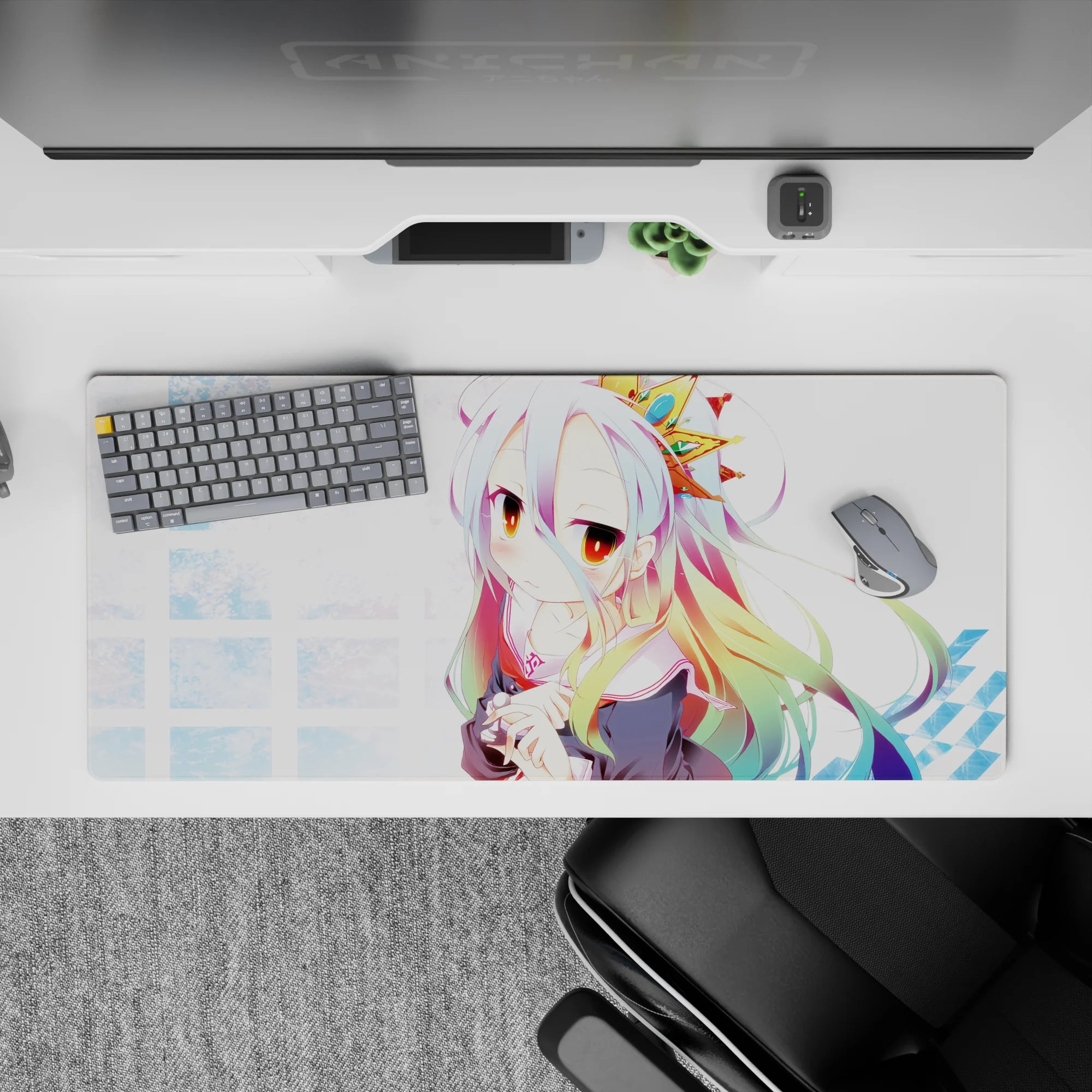 36x16 inches pastel anime desk pad in icy blues and candy rainbow accents, soft dreamy kawaii vibe.