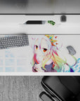 36x16 inches pastel anime desk pad in icy blues and candy rainbow accents, soft dreamy kawaii vibe.