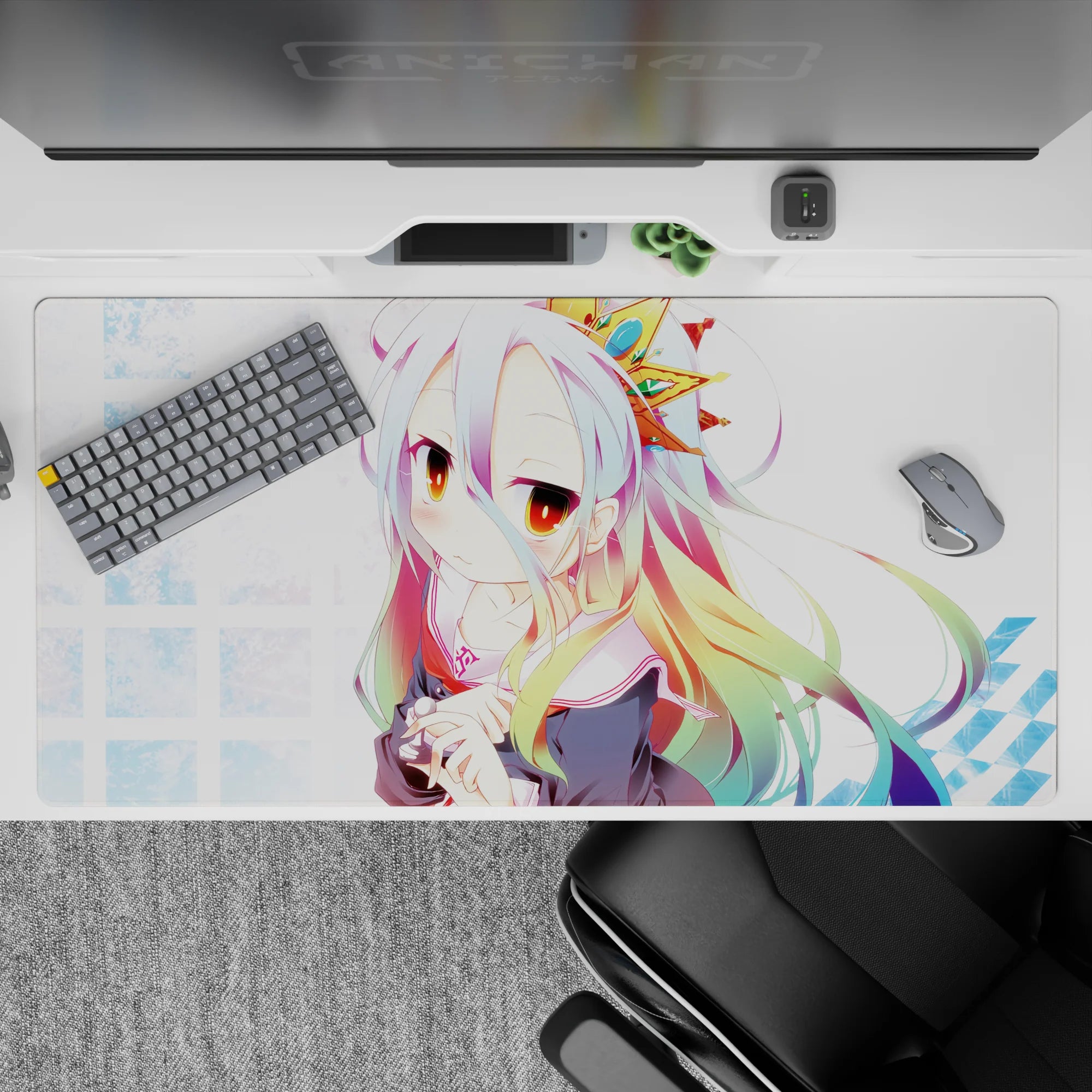 40x20 inches pastel kawaii desk pad in icy blue grid, warm amber eyes, soft blush, dreamy cute vibe.
