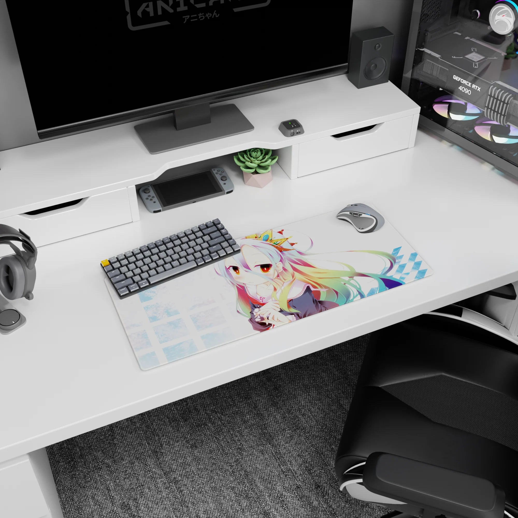 28x12 inches anime mouse pad of shy silver-haired girl with star clip, blushing cheeks, hugging plush.