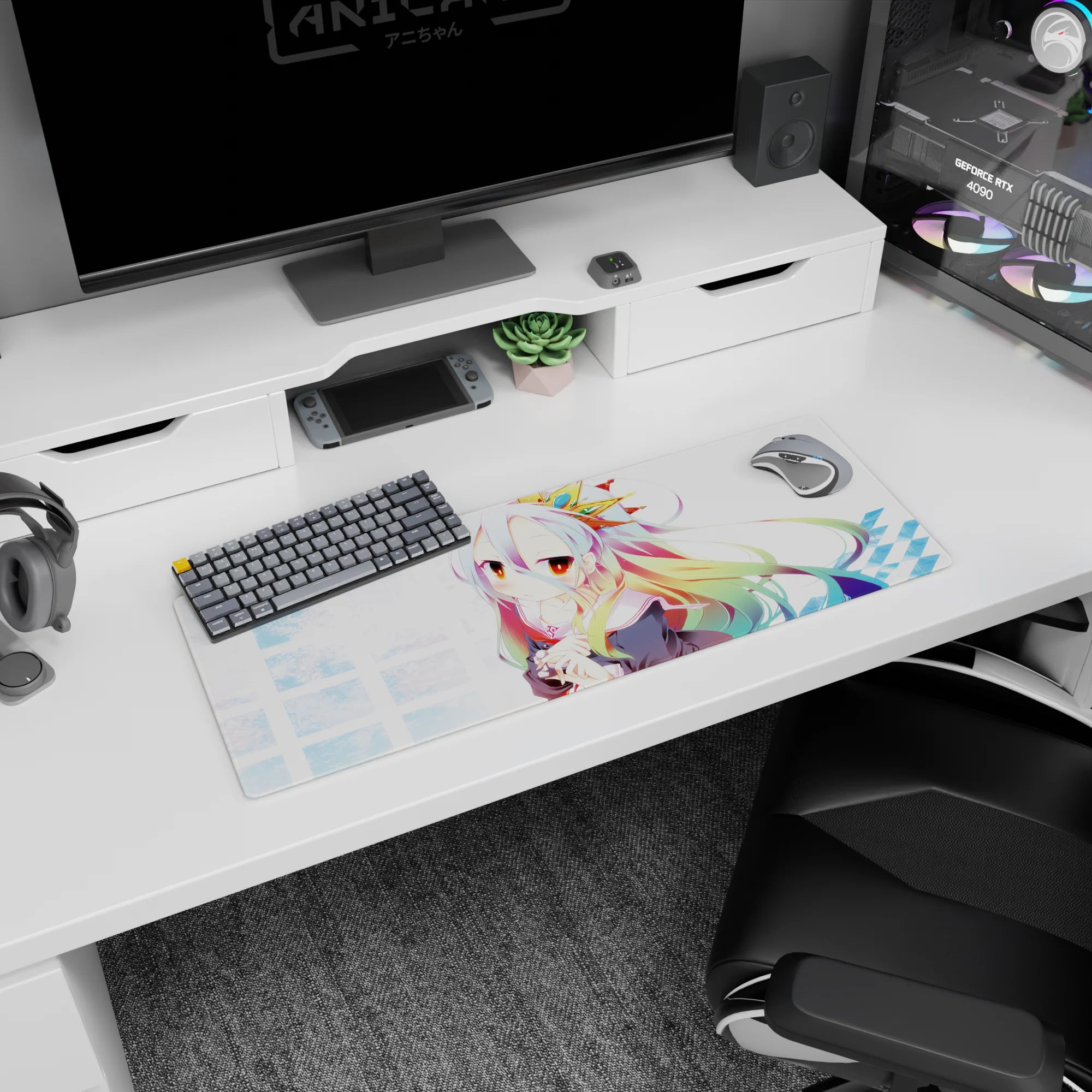 32x12 inches desk mat showing shy silver-haired anime girl with star clip hugging a tiny plush.