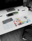 32x12 inches desk mat showing shy silver-haired anime girl with star clip hugging a tiny plush.