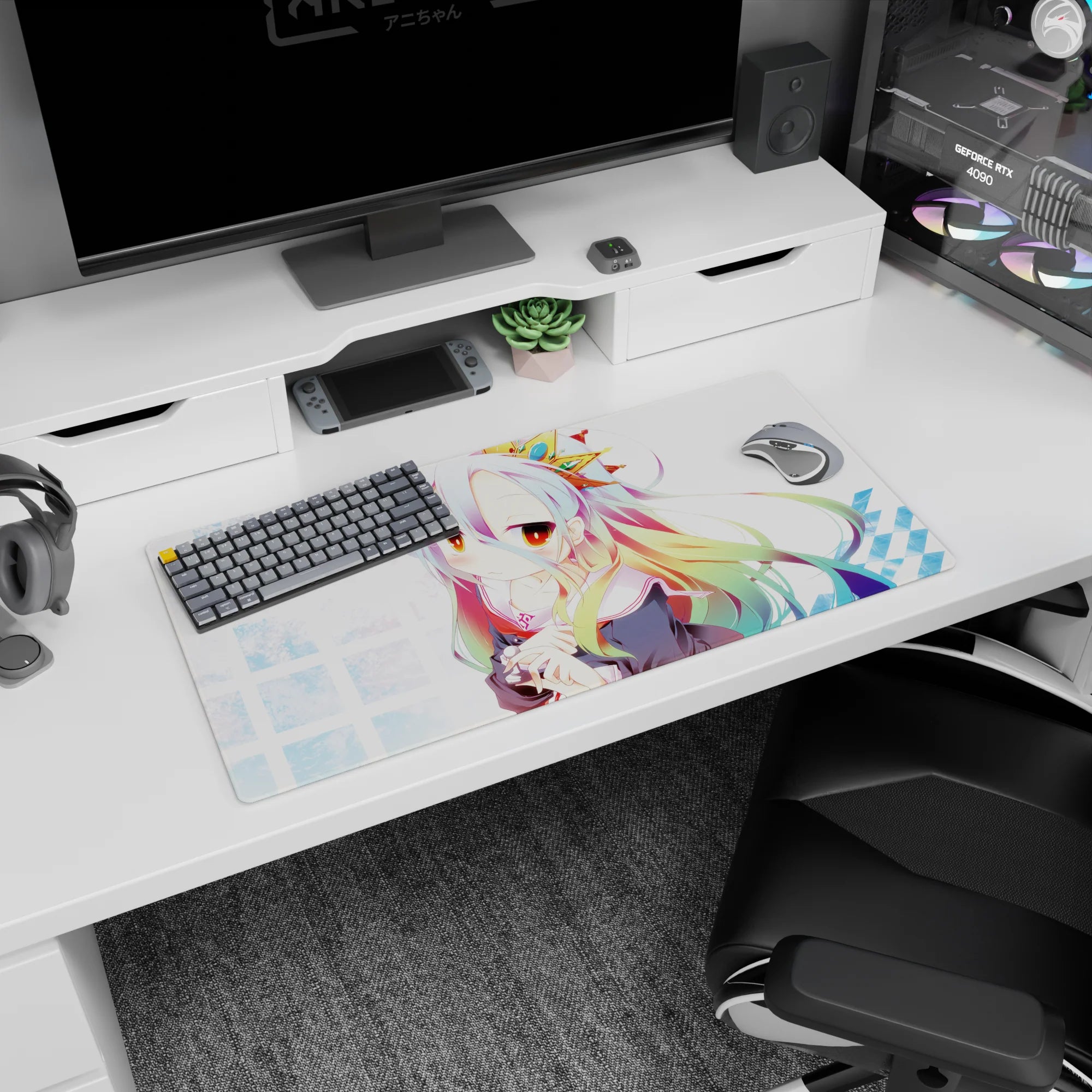 32x16 inches desk mat featuring shy silver-haired anime girl with star clip hugging tiny plush on blue grid.