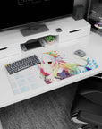 32x16 inches desk mat featuring shy silver-haired anime girl with star clip hugging tiny plush on blue grid.