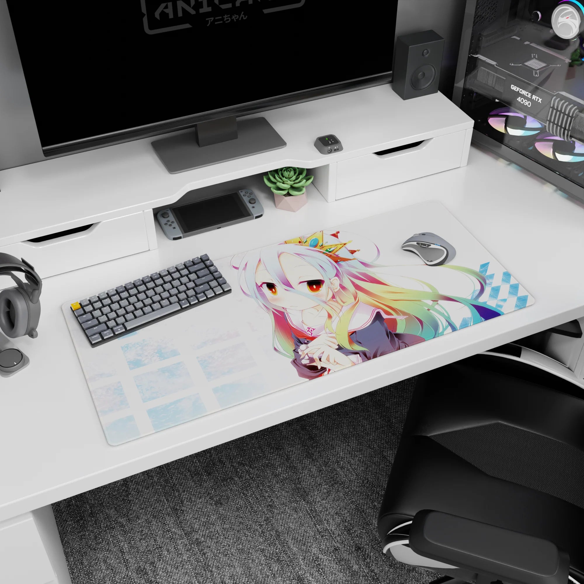 36x16 inches anime desk pad featuring a shy amber-eyed girl with star clip hugging a tiny plush.