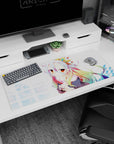 36x16 inches anime desk pad featuring a shy amber-eyed girl with star clip hugging a tiny plush.