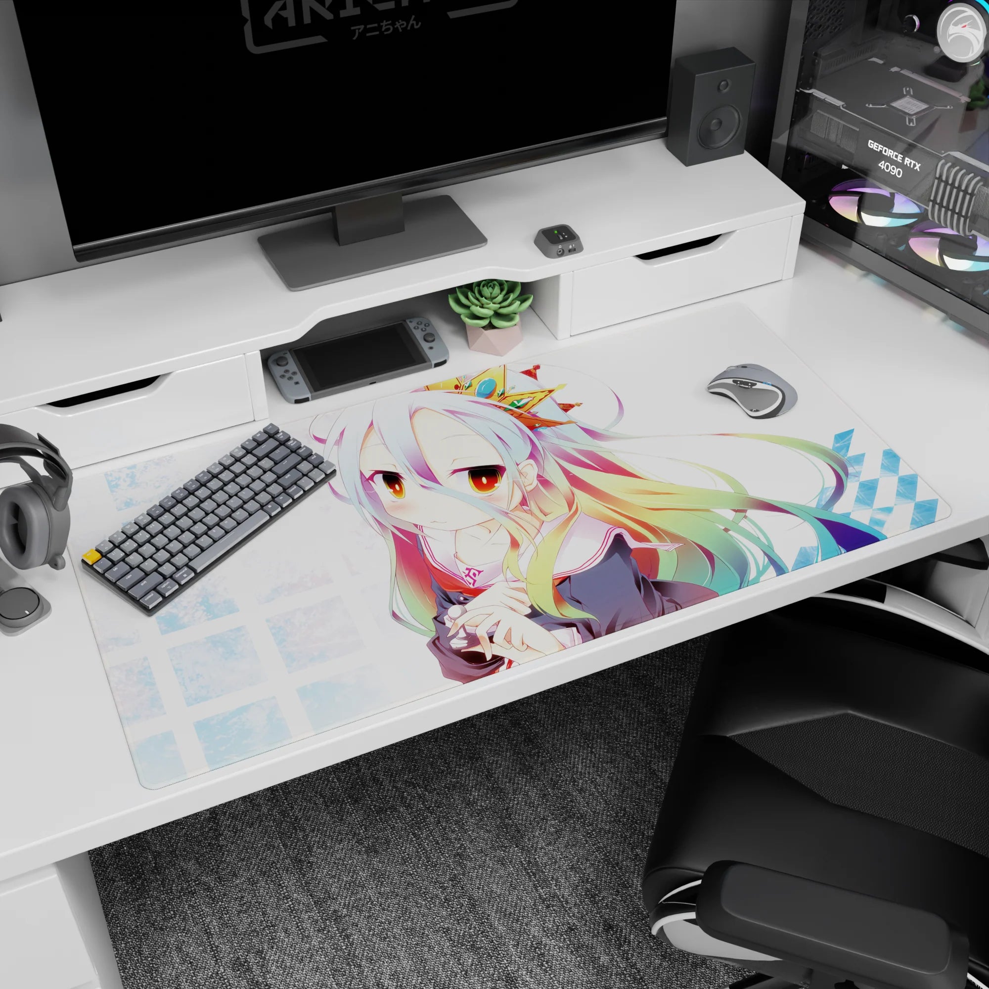 40x20 inches desk pad featuring shy silver-haired anime girl with star clip, hugging a tiny plush.