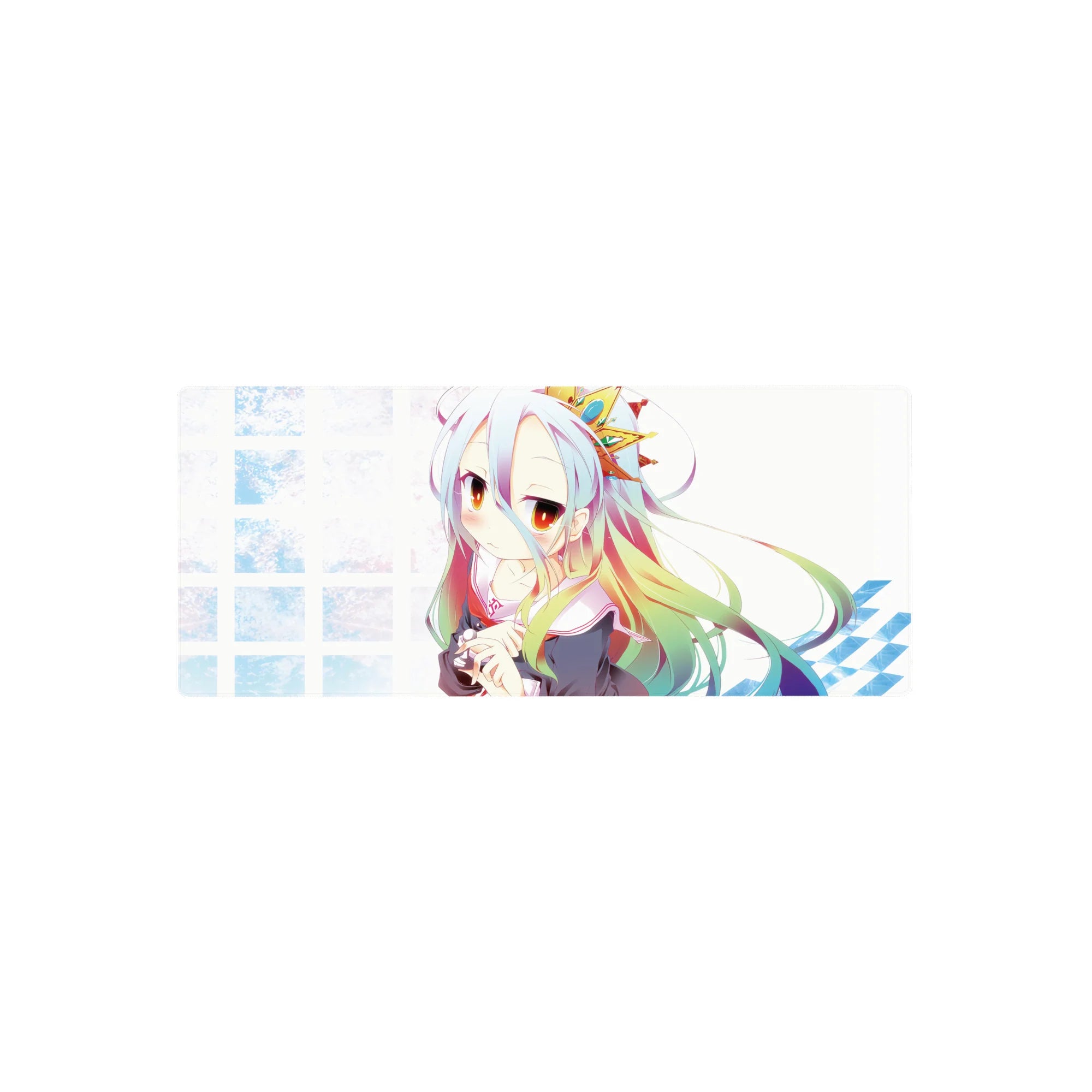 28x12 inches anime girl mouse pad with silver hair, rainbow tips, sailor outfit, plush, grid background.