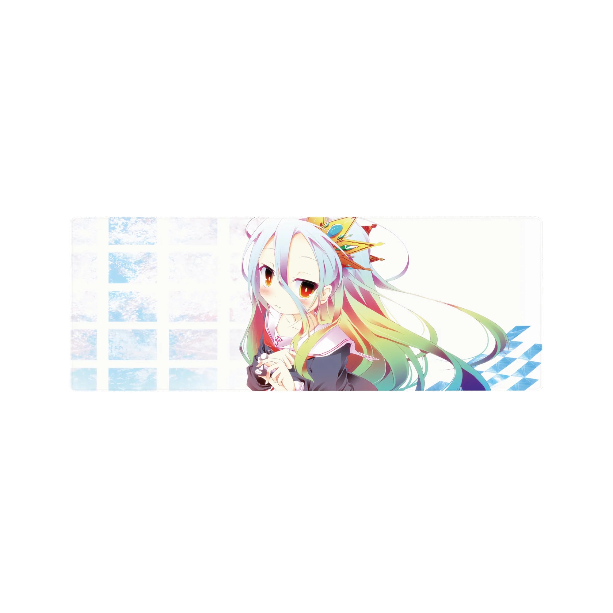 32x12 inches anime girl mouse pad with silver hair, rainbow tips, sailor collar, plush, grid backdrop.