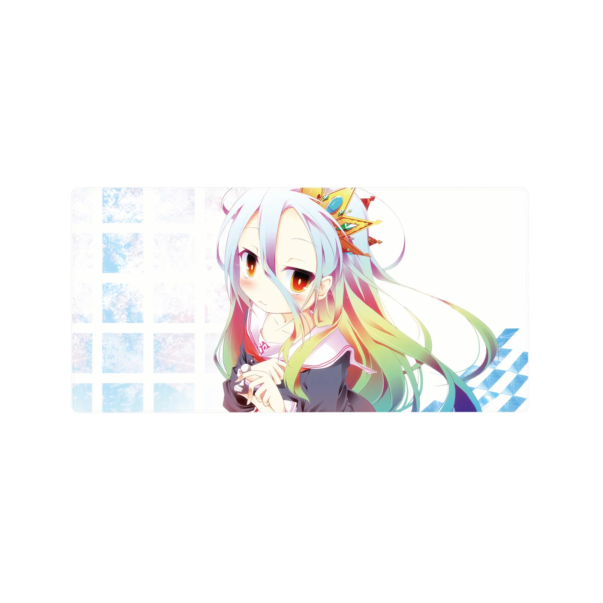 32x16 inches anime girl mouse pad with silver hair, rainbow tips, sailor outfit, plush, icy grid background.