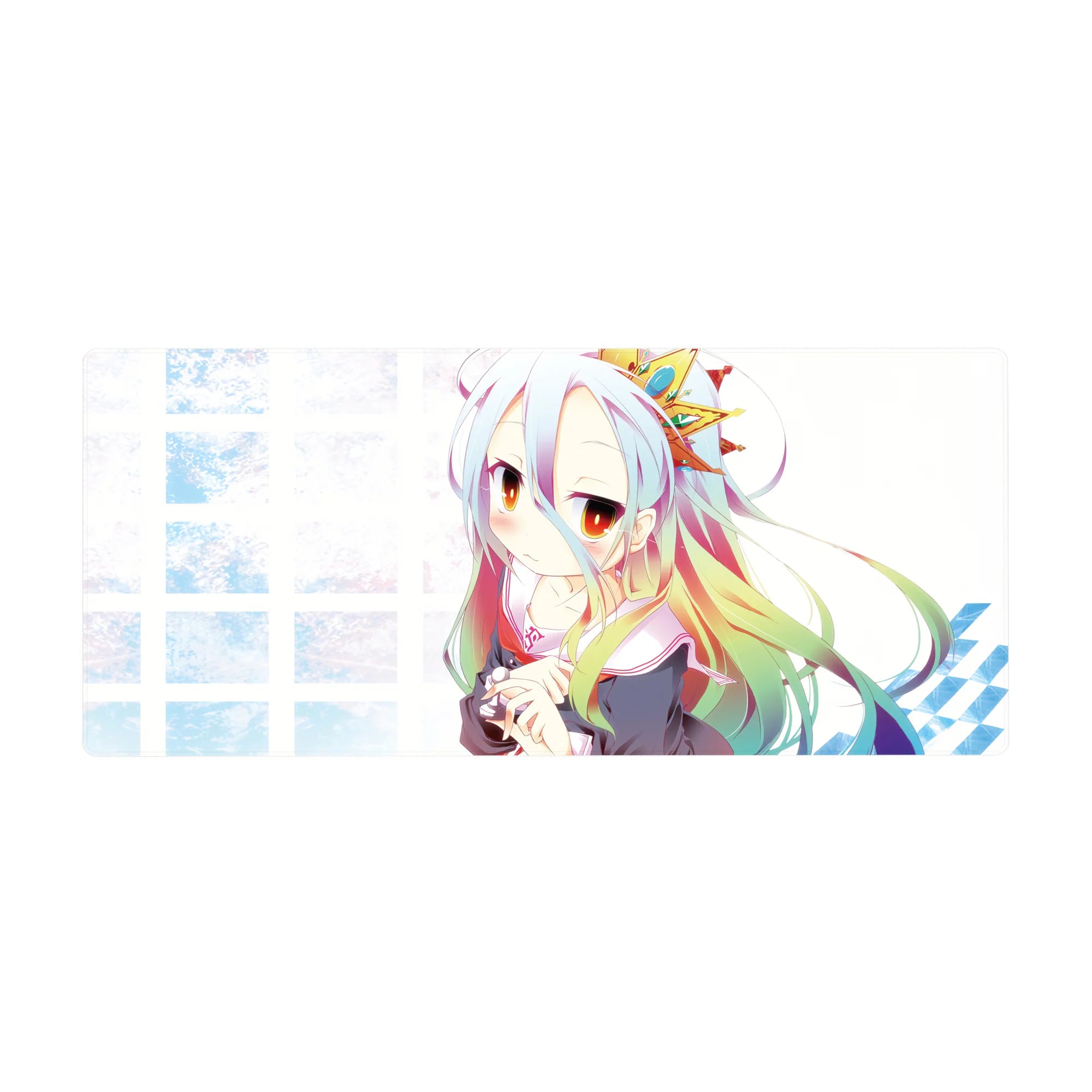 36x16 inches anime girl desk pad with silver hair, rainbow tips, sailor outfit, plush, and blue grid.