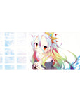 36x16 inches anime girl desk pad with silver hair, rainbow tips, sailor outfit, plush, and blue grid.