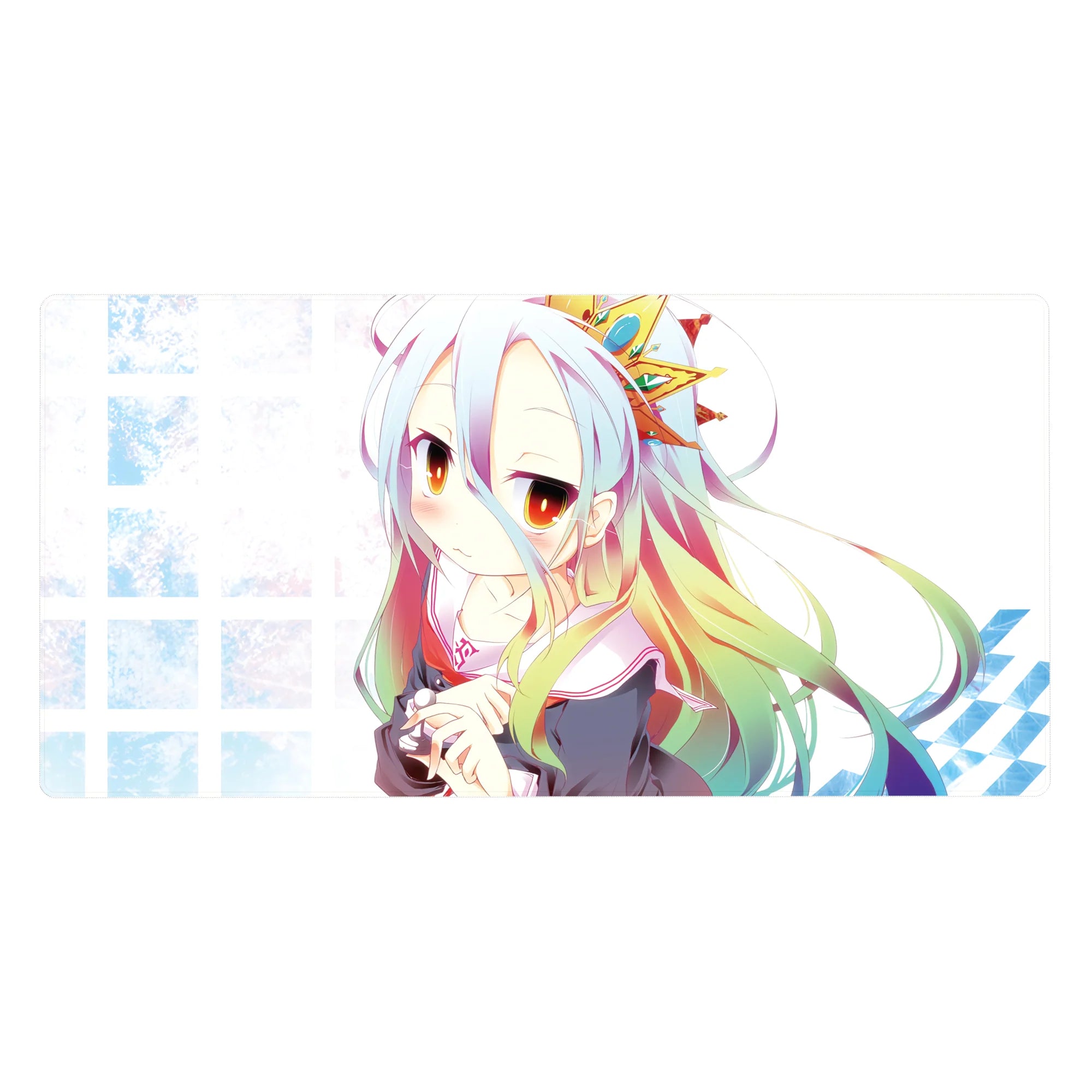 40x20 inches anime girl desk pad with silver hair, rainbow tips, sailor outfit, and plush on blue grid.