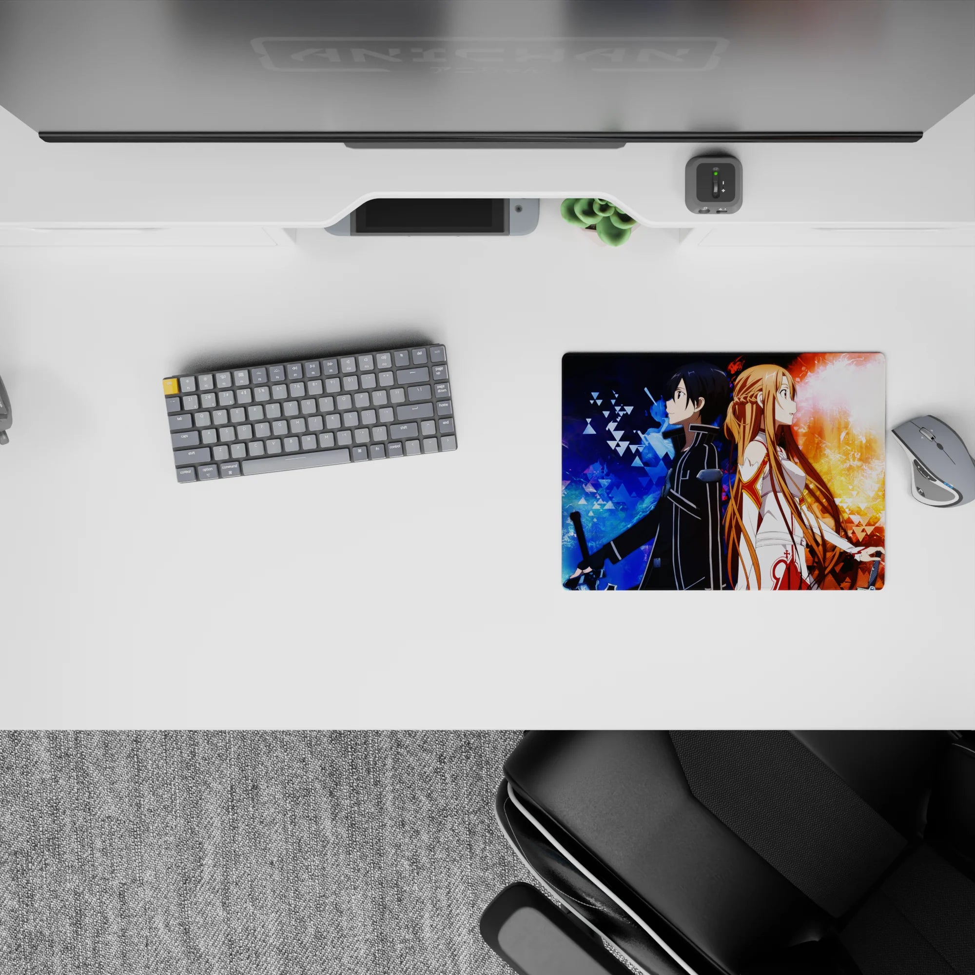 Kirito and Asuna from Sword Art Online on 14x10 inch anime mouse pad with fire and frost theme, triangles in chaos.