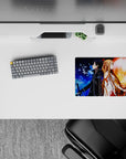 Kirito and Asuna from Sword Art Online on 14x10 inch anime mouse pad with fire and frost theme, triangles in chaos.