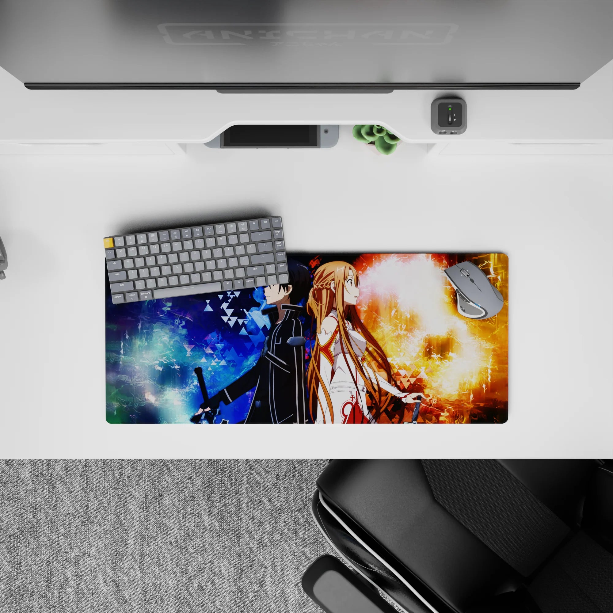 Anime mouse pad featuring Kirito and Asuna from Sword Art Online, size 28x12 inches, with dynamic fire and frost theme.