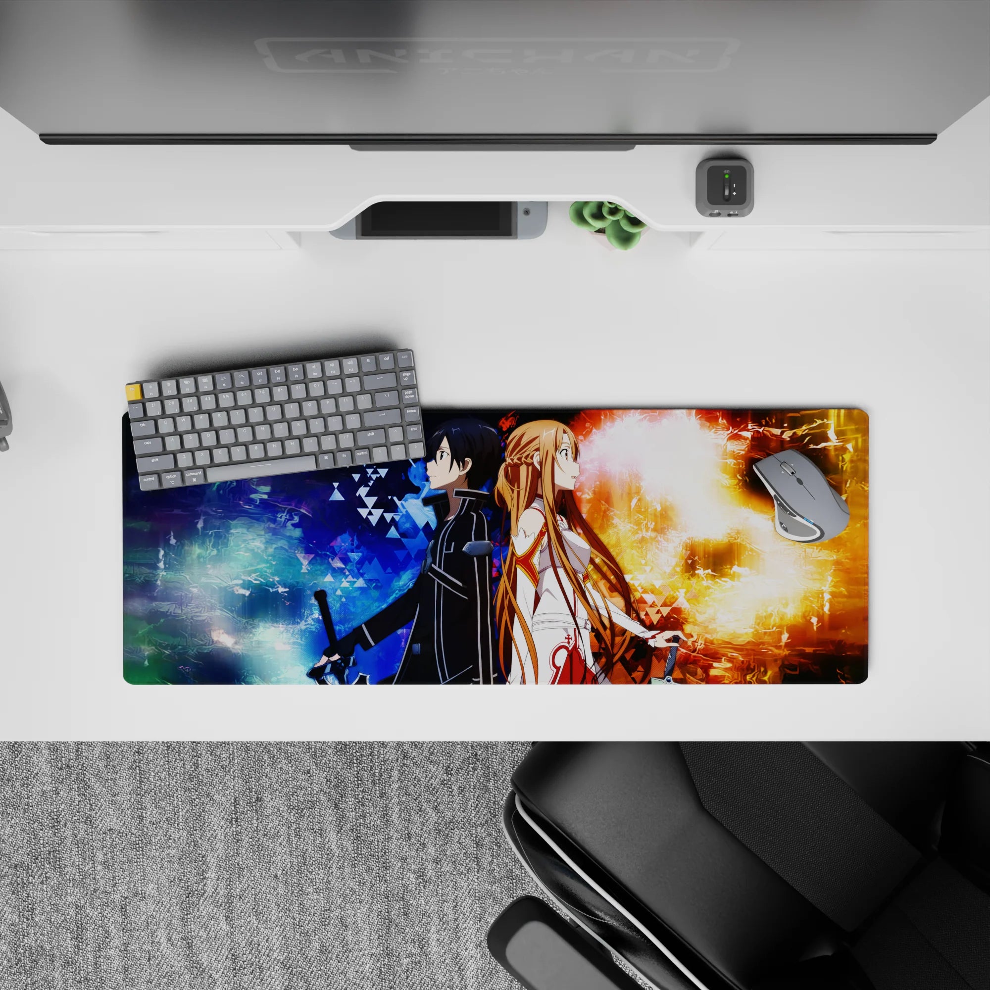 Mouse pad 32x12 inches featuring Kirito and Asuna from Sword Art Online in a dynamic fire and frost theme.