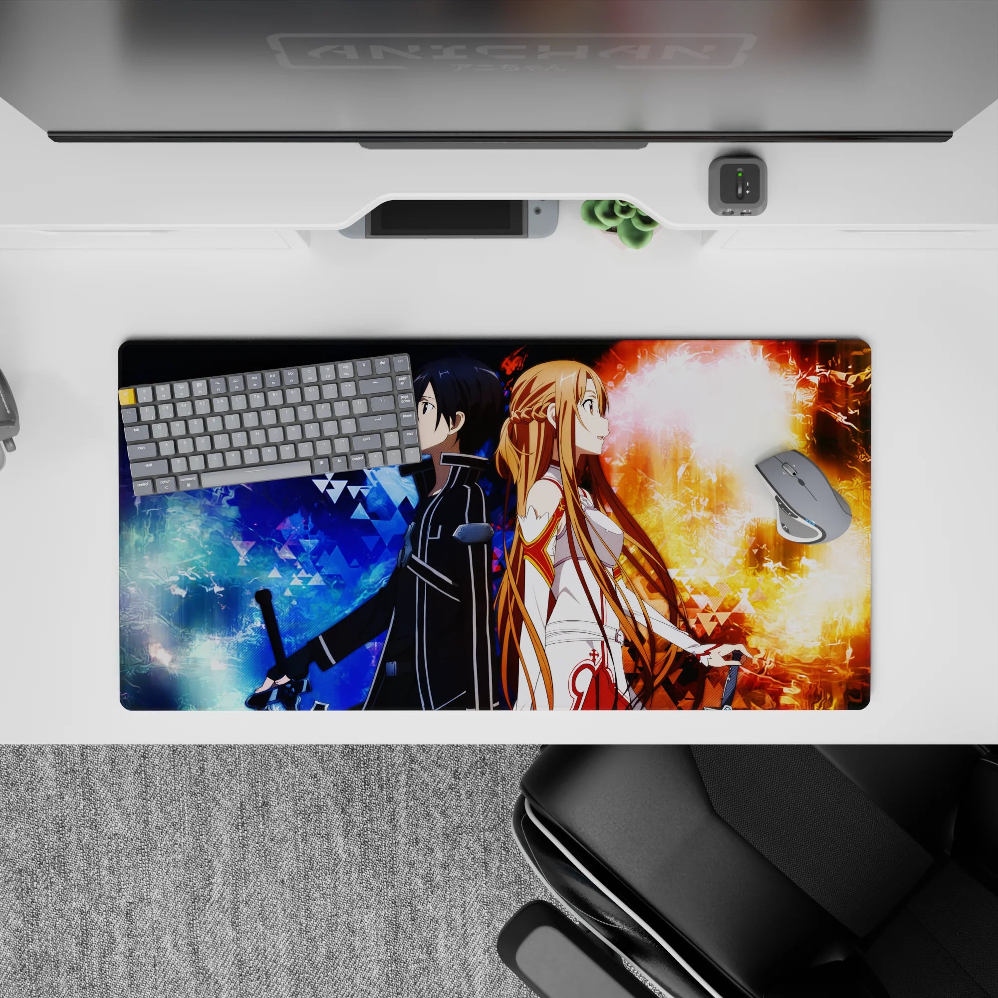Mouse pad 32x16 inches featuring Kirito and Asuna from Sword Art Online, showcasing a fiery and frosty clash amid chaos.