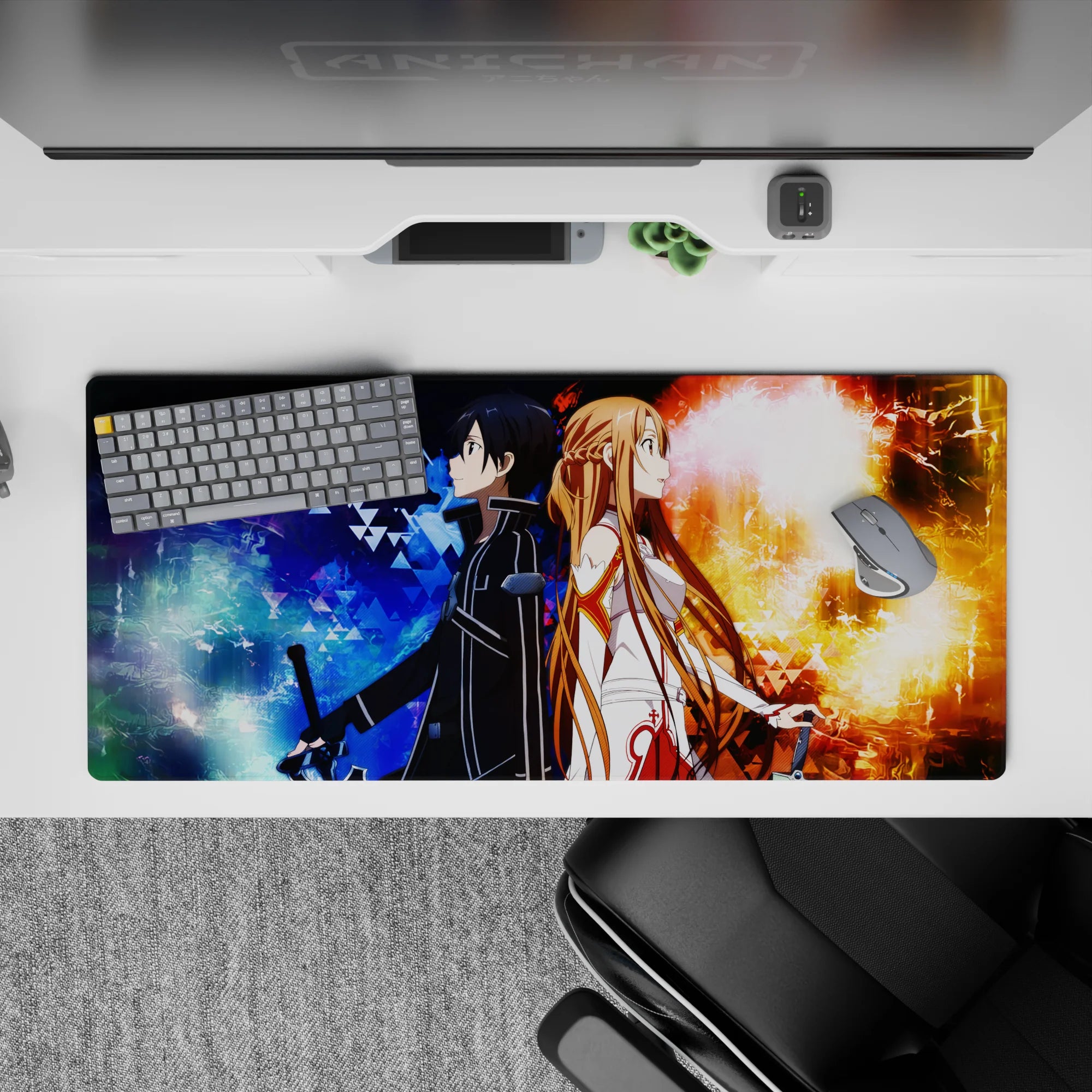 Kirito and Asuna anime desk pad 36x16 inches, featuring dynamic fire and frost theme with electric blues and golds.