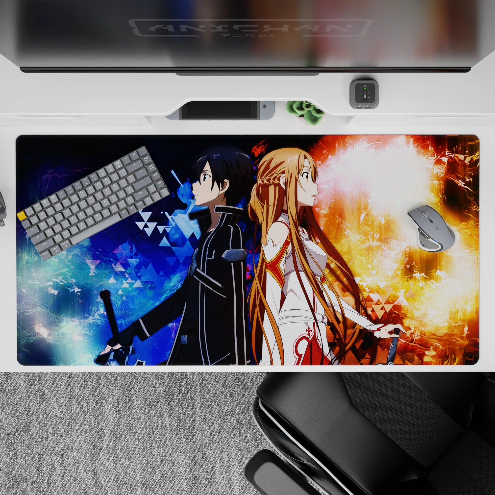 Anime desk pad 40x20 inches featuring Kirito and Asuna from Sword Art Online in a dynamic fire and frost design.