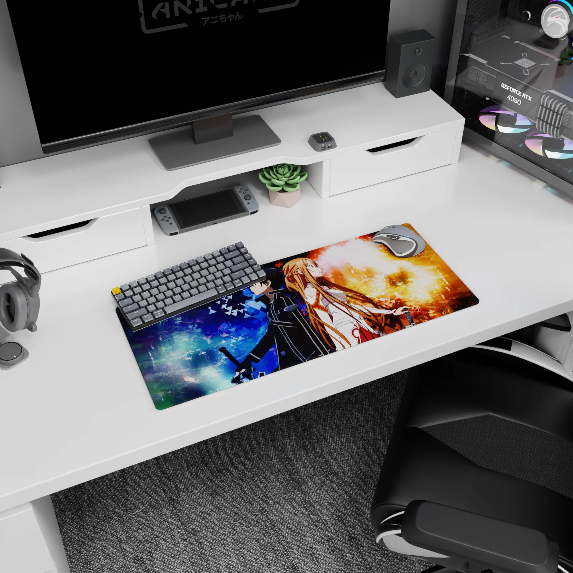 Mouse pad featuring Kirito and Asuna from Sword Art Online, sized 28x12 inches, with fiery and frosty vibrant design.